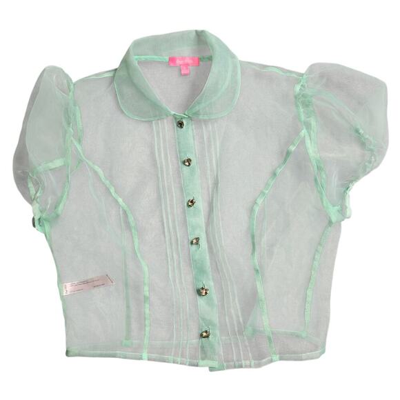 Sugar Thrillz Teal Cropped Sheer Puff Sleeve Mesh Blouse Size: S - Picture 1 of 3